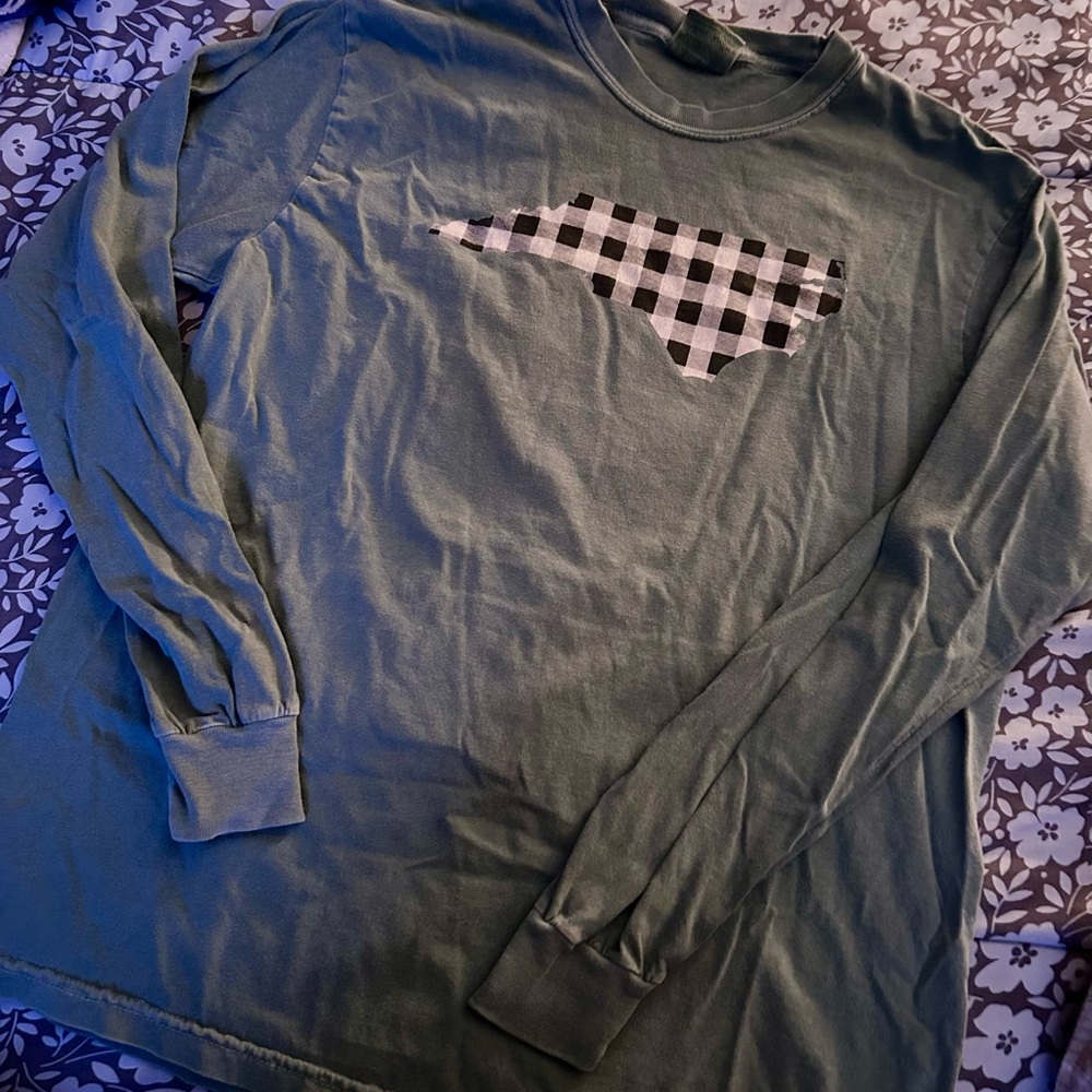 Olive Long Sleeve Tee with Checkered Accent